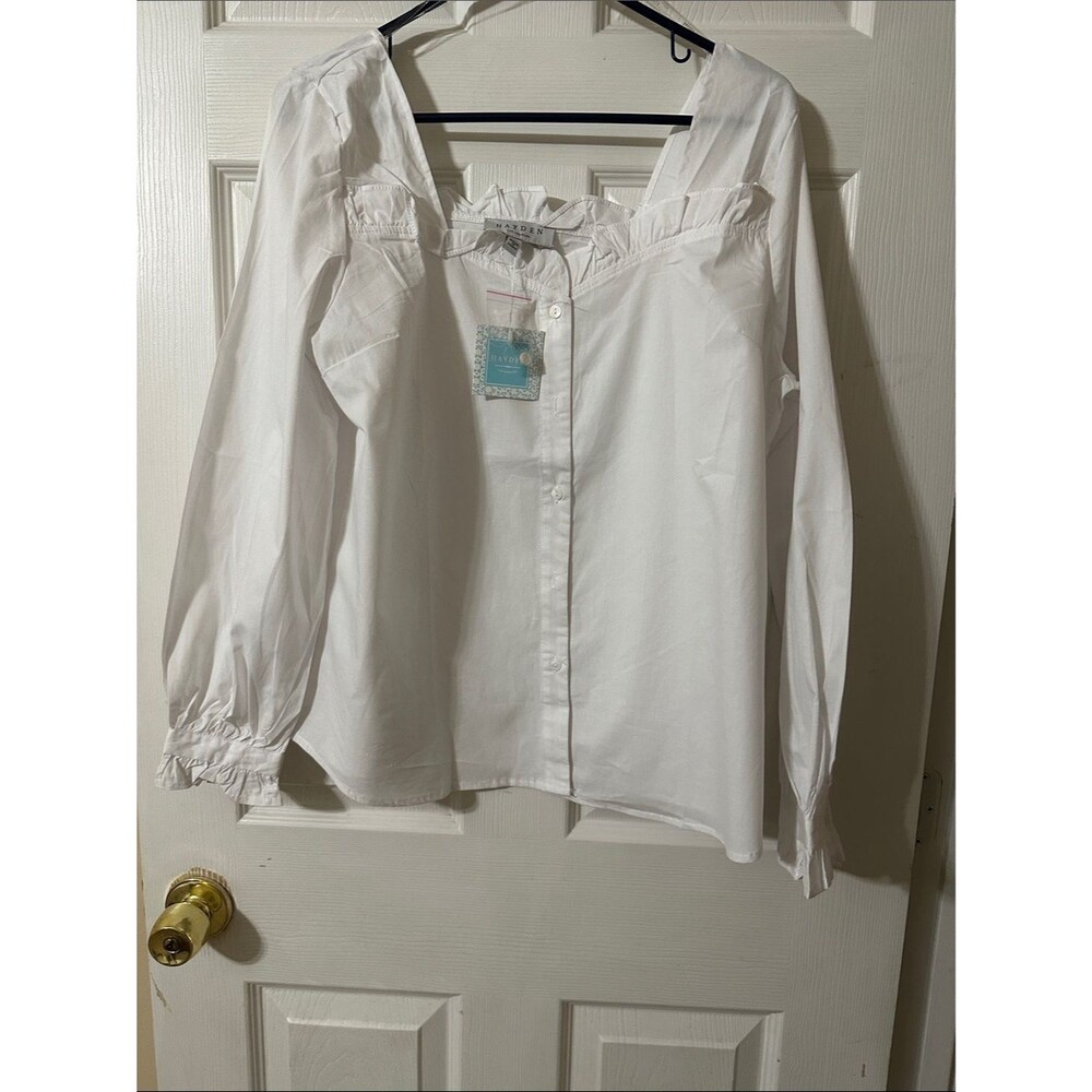 Hayden White Ruffle-Trim Off-Shoulder Button Down Top
